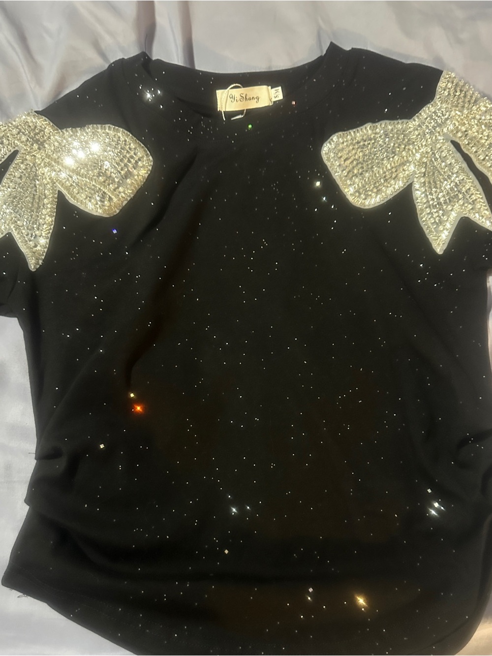 Black Embellished Bow Sparkle Top